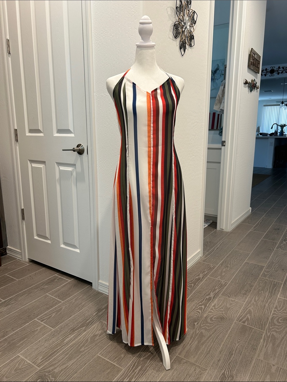 Cupshe White Maxi Swim Coverup Dress with Multi-Color Vertical Stripes. NWOT